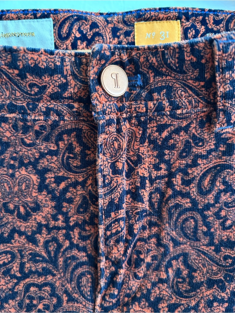 👖 [Pilcro Anthropologie] Jeans Corduroy, Blue and Orange Paisley, Size US 31 EUC